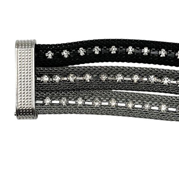 Silver Gray Black Tone Mesh Clear Rhinestone 3 Strand Cuff Statement Bracelet 7” - Picture 3 of 9